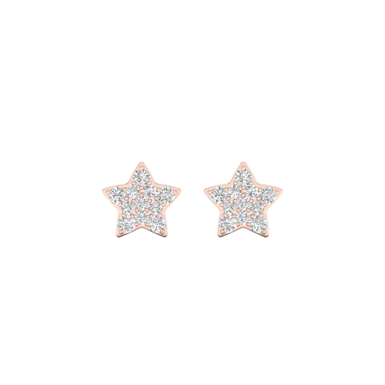 A pair of 14K rose gold stud earrings, with a yellow diamond at the center and a halo of white diamonds, shown from the front.