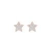 A pair of 14K rose gold stud earrings, with a yellow diamond at the center and a halo of white diamonds, shown from the front.