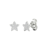 An angled view of a pair of 14K white gold star-shaped stud earrings with pavé diamonds, showcasing the full design.