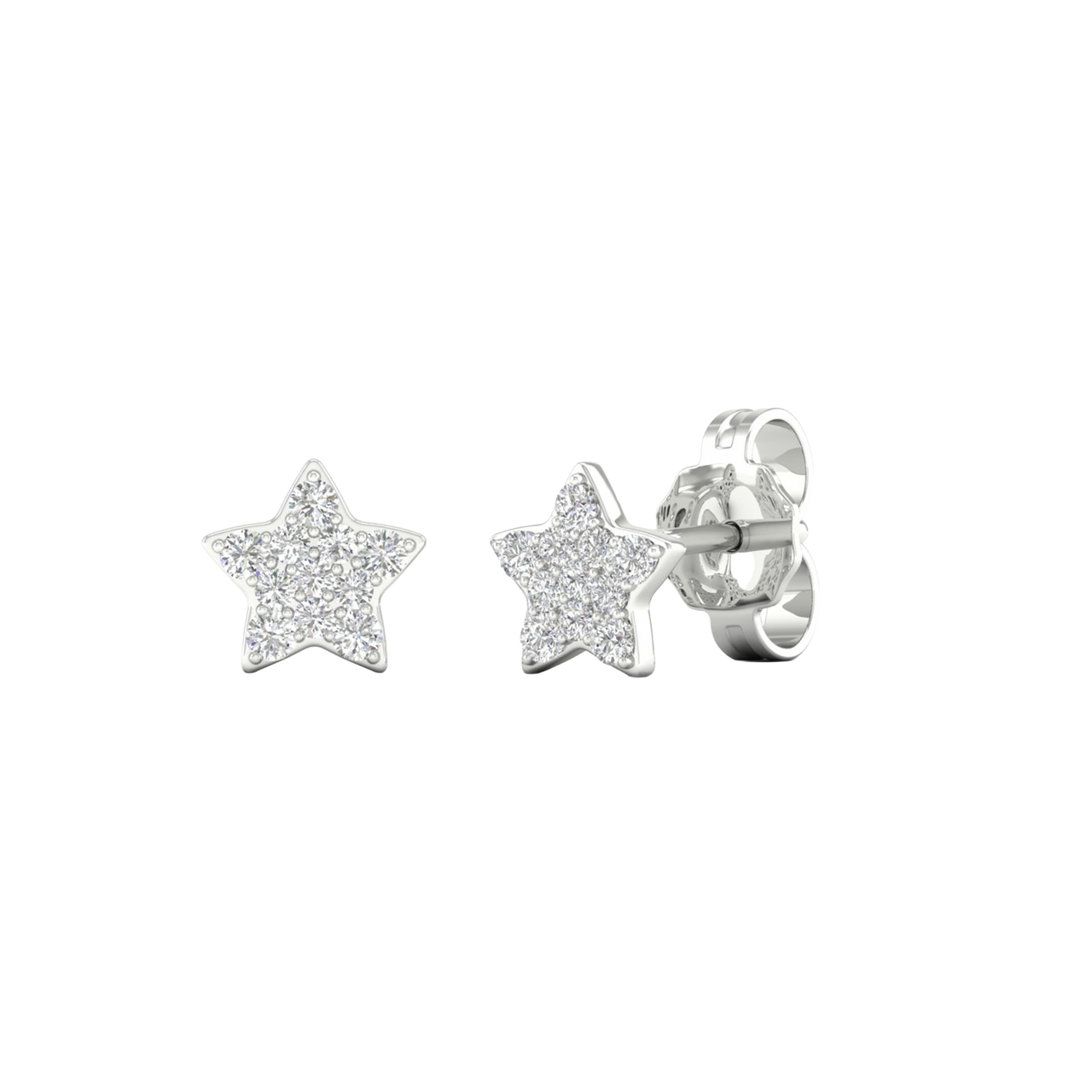 An angled view of a pair of 14K white gold star-shaped stud earrings with pavé diamonds, showcasing the full design.