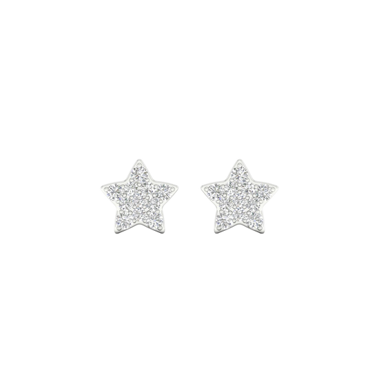 A pair of 14K white gold stud earrings, with a yellow diamond at the center and a halo of white diamonds, shown from the front.