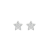 A pair of 14K white gold stud earrings, with a yellow diamond at the center and a halo of white diamonds, shown from the front.