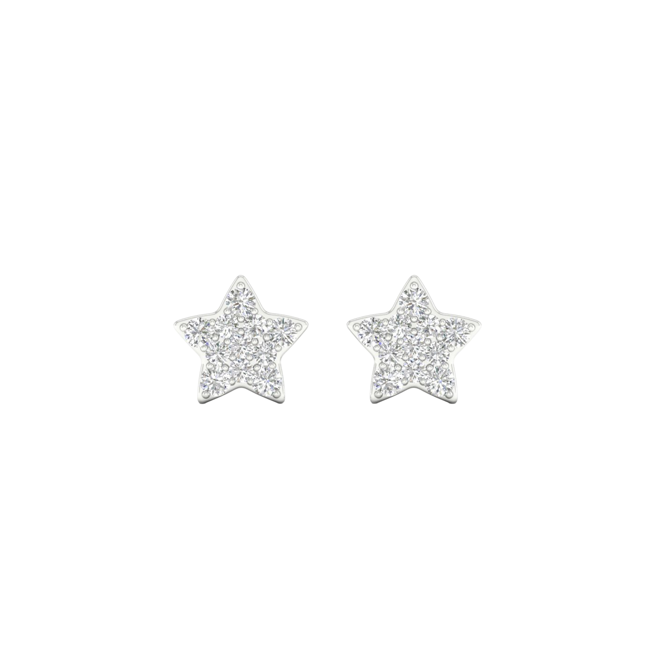 A pair of 14K white gold stud earrings, with a yellow diamond at the center and a halo of white diamonds, shown from the front.