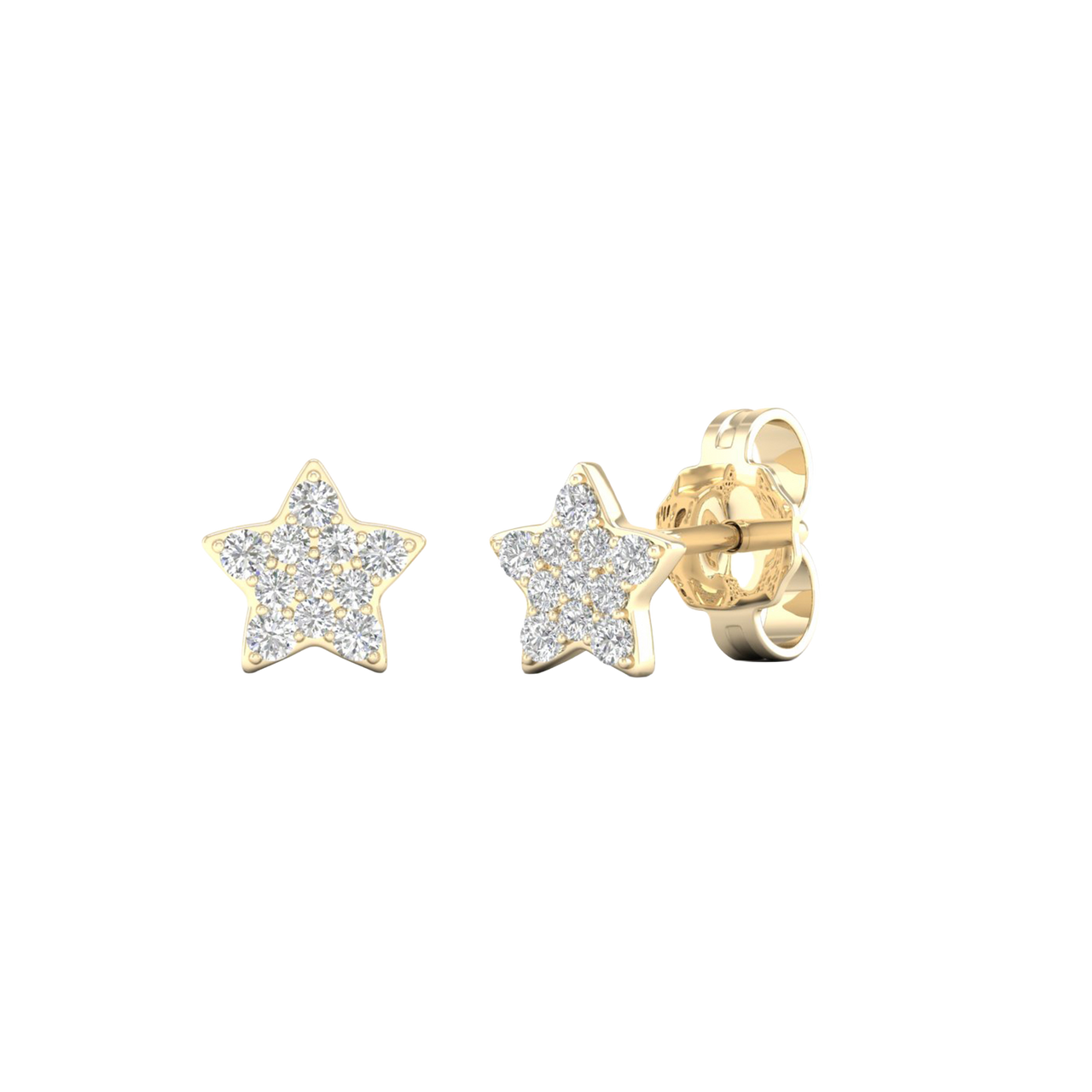 An angled view of a pair of 14K yellow gold star-shaped stud earrings with pavé diamonds, showcasing the full design.