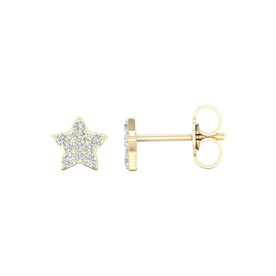 A front and side view of a pair of 14K yellow gold star-shaped stud earrings with pavé diamonds, featuring the full design.
