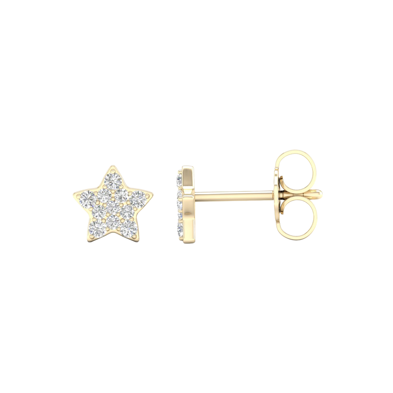A front and side view of a pair of 14K yellow gold star-shaped stud earrings with pavé diamonds, featuring the full design.