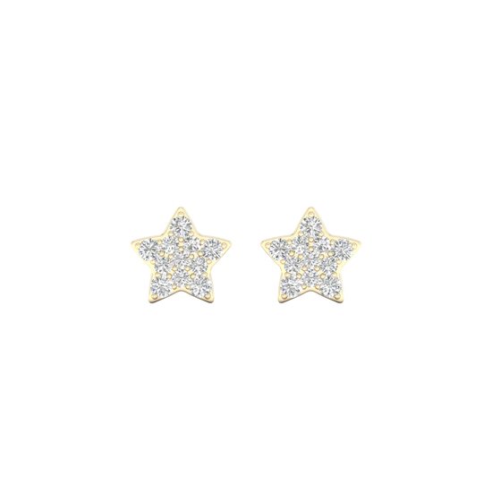 A pair of 14K yellow gold star-shaped stud earrings with pavé diamonds, shown from the front. 

   A pair of 14K yellow gold stud earrings, with a yellow diamond at the center and a halo of white diamonds, shown from the front.