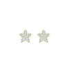 A pair of 14K yellow gold star-shaped stud earrings with pavé diamonds, shown from the front. 

   A pair of 14K yellow gold stud earrings, with a yellow diamond at the center and a halo of white diamonds, shown from the front.