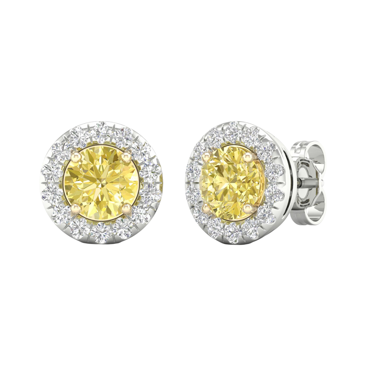 An angled view of a pair of 14K white gold stud earrings, with a with a 2 carat total weight VS+  yellow diamond at the center and a halo of white diamonds, showcasing the full design.