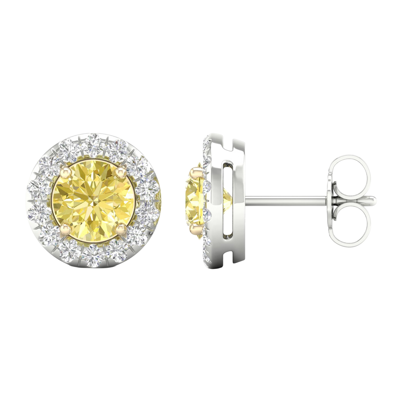 An angled and side view of a pair of 14K white gold stud earrings, with a with a 2 carat total weight VS+  yellow diamond at the center and a halo of white diamonds, showcasing the full design.