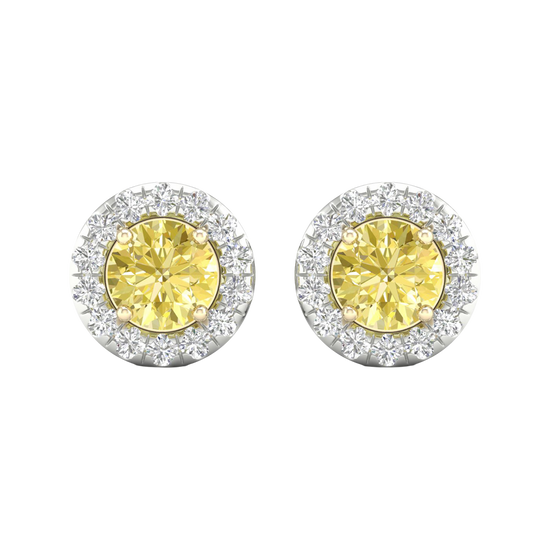 A pair of 14K white gold stud earrings, with a 2 carat total weight VS+ yellow diamond at the center and a halo of white diamonds, shown from the front.