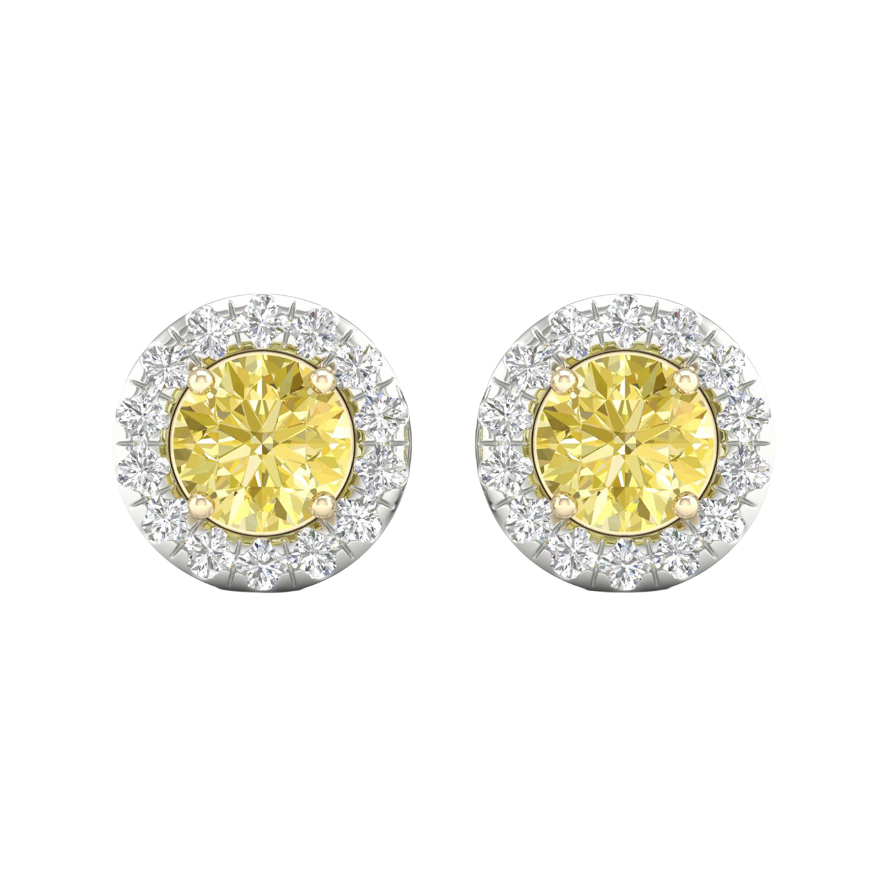 A pair of 14K white gold stud earrings, with a 2 carat total weight VS+ yellow diamond at the center and a halo of white diamonds, shown from the front.