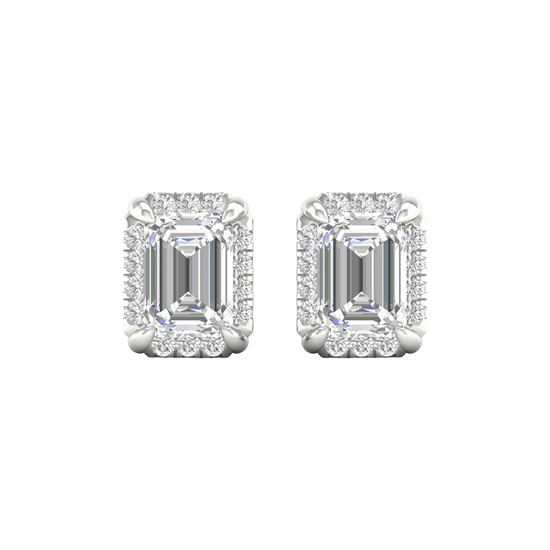 Front view of emerald-cut diamond halo stud earrings in white gold, featuring a step-cut emerald center diamond framed by a pavé diamond halo.