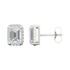Side profile of white gold emerald-cut halo diamond stud earrings showcasing the structured setting, secure prongs, and refined halo construction.