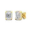 Angled view of yellow gold emerald-cut halo diamond stud earrings highlighting warm gold tones, precise facets, and dimensional halo sparkle.