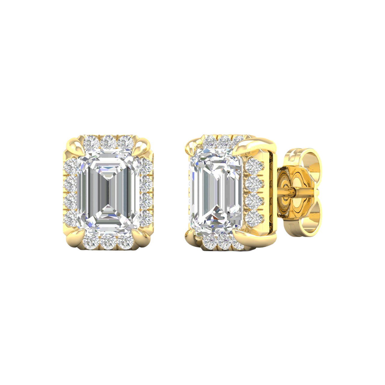 Angled view of yellow gold emerald-cut halo diamond stud earrings highlighting warm gold tones, precise facets, and dimensional halo sparkle.