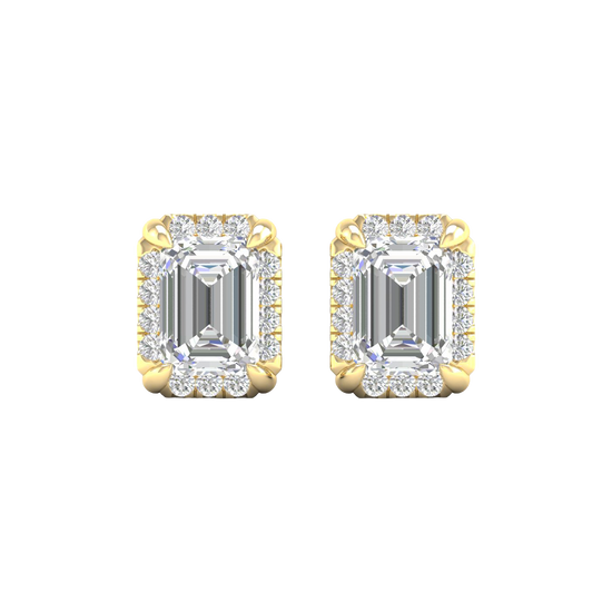 Front view of emerald-cut diamond halo stud earrings in yellow gold, featuring a bold step-cut center diamond surrounded by a pavé diamond halo.