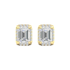 Front view of emerald-cut diamond halo stud earrings in yellow gold, featuring a bold step-cut center diamond surrounded by a pavé diamond halo.