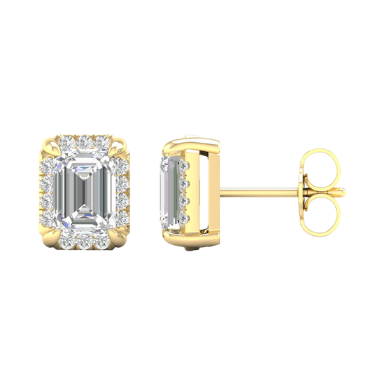 Side profile of yellow gold emerald-cut halo diamond stud earrings showing the structured setting, prong placement, and refined craftsmanship.
