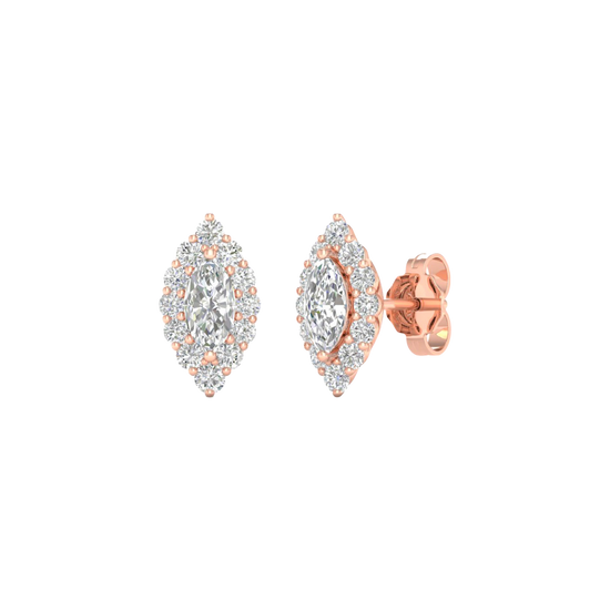 An angled view of a pair of 14K rose gold stud earrings, showcasing the ornate diamond cluster and halo.