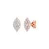 An angled view of a pair of 14K rose gold stud earrings, showcasing the ornate diamond cluster and halo.