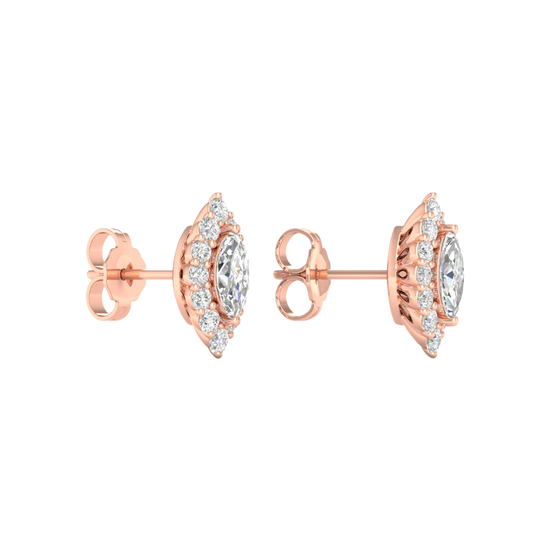 A front and side view of 14K rose gold stud earrings with marquise-shaped diamond clusters framed by a halo.