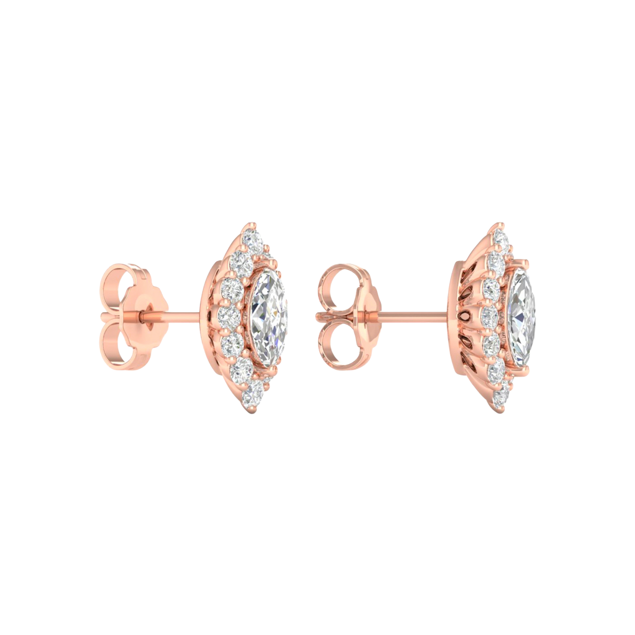 A front and side view of 14K rose gold stud earrings with marquise-shaped diamond clusters framed by a halo.