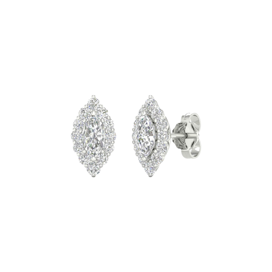 An angled view of a pair of 14K white gold stud earrings, showcasing the ornate diamond cluster and halo.