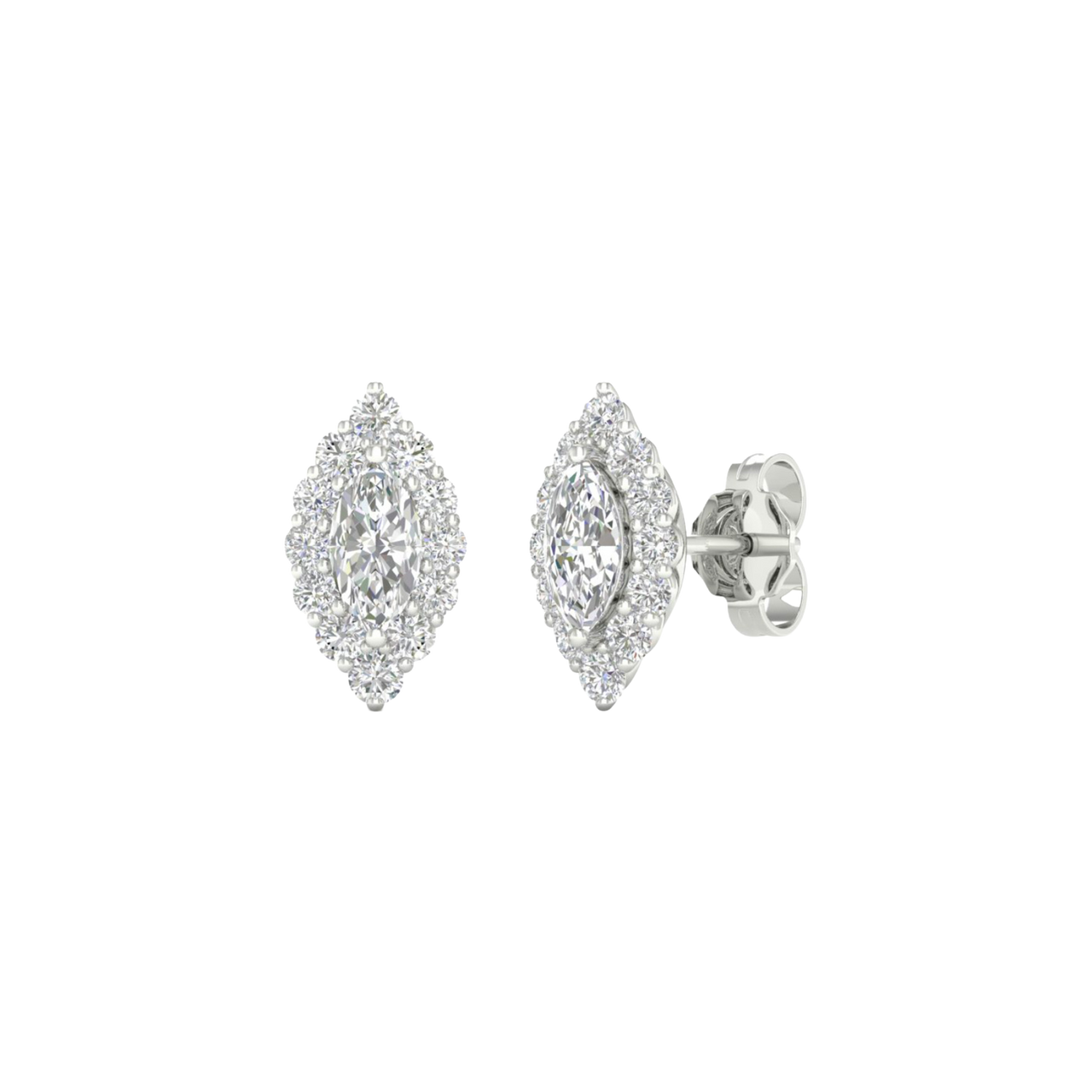An angled view of a pair of 14K white gold stud earrings, showcasing the ornate diamond cluster and halo.