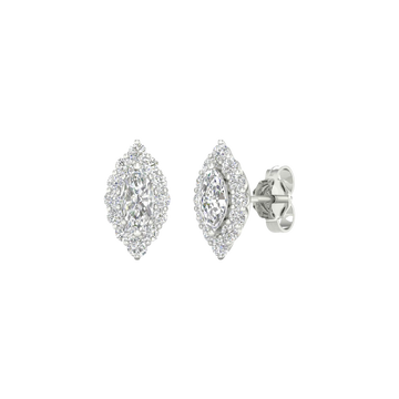 An angled view of a pair of 14K white gold stud earrings, showcasing the ornate diamond cluster and halo.