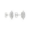 A front and side view of 14K white gold stud earrings with marquise-shaped diamond clusters framed by a halo.