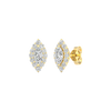 An angled view of a pair of 14K yellow gold stud earrings, showcasing the ornate diamond cluster and halo.