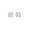 Front view of round halo diamond stud earrings in white gold, featuring a brilliant round center diamond surrounded by a pavé diamond halo.