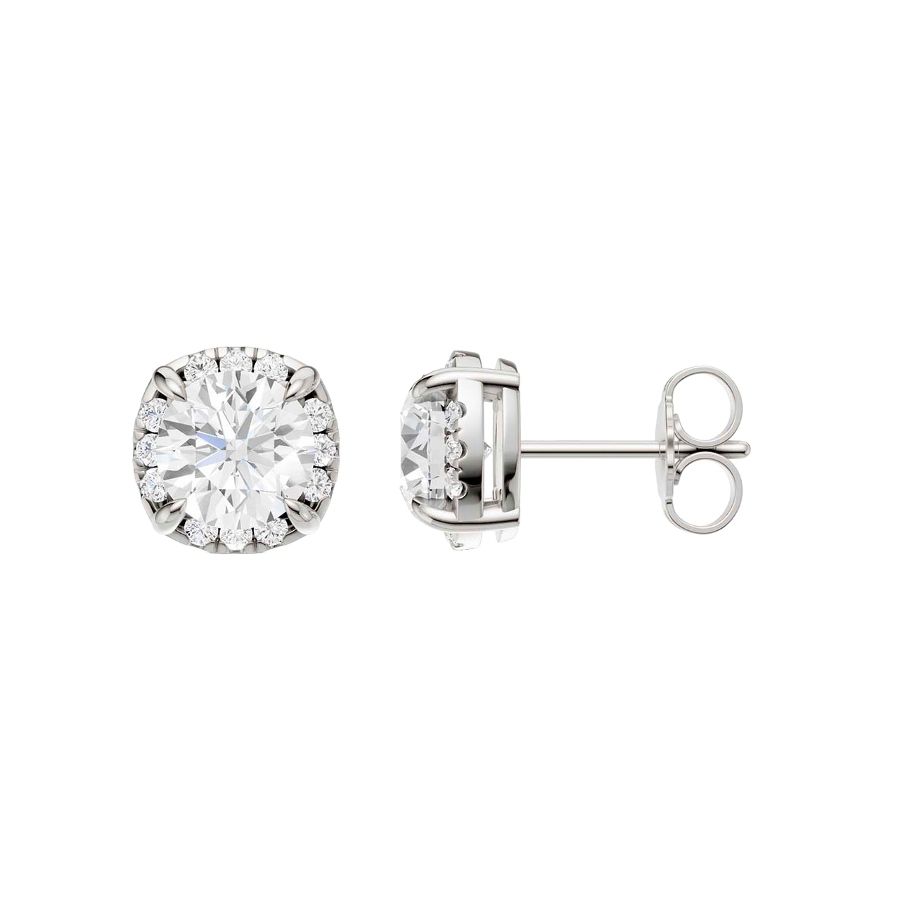 Side profile of white gold round halo diamond stud earrings showcasing the elevated setting, secure prongs, and refined halo construction.