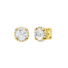 Angled view of yellow gold round halo diamond stud earrings highlighting warm gold tones, dimensional halo sparkle, and refined craftsmanship.