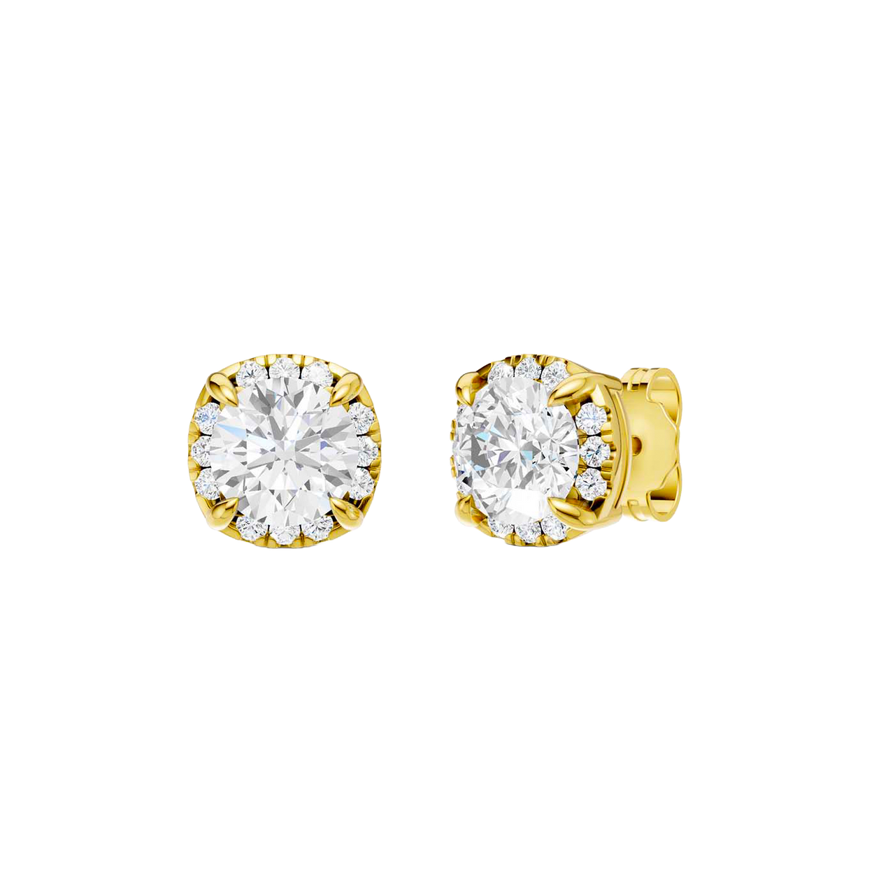 Angled view of yellow gold round halo diamond stud earrings highlighting warm gold tones, dimensional halo sparkle, and refined craftsmanship.