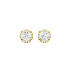 Front view of round halo diamond stud earrings in yellow gold, featuring a sparkling round center diamond framed by a pavé diamond halo.