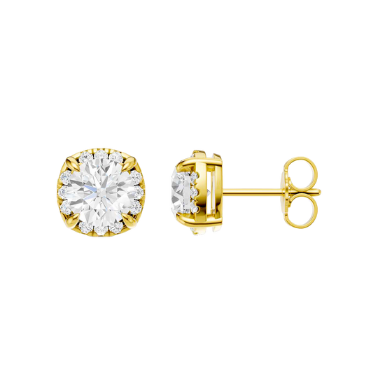 Side profile of yellow gold round halo diamond stud earrings showing the structured setting, prong placement, and pavé halo detail.