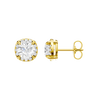 Side profile of yellow gold round halo diamond stud earrings showing the structured setting, prong placement, and pavé halo detail.