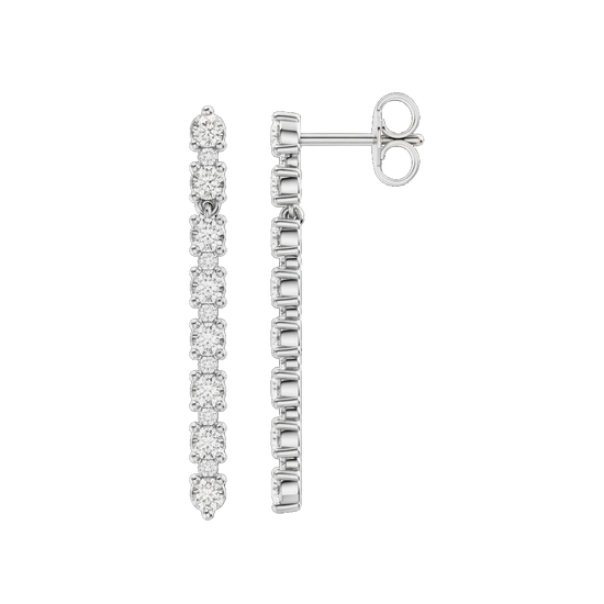 A front and side profile view of a 14K white gold vertical drop earring, showing the sleek design and a continuous line of diamonds.