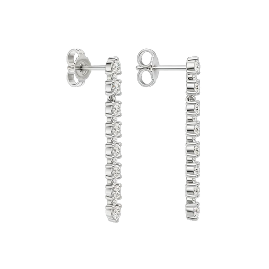 An angled view of a 14K white gold vertical drop earring, highlighting the linear design and sparkle.