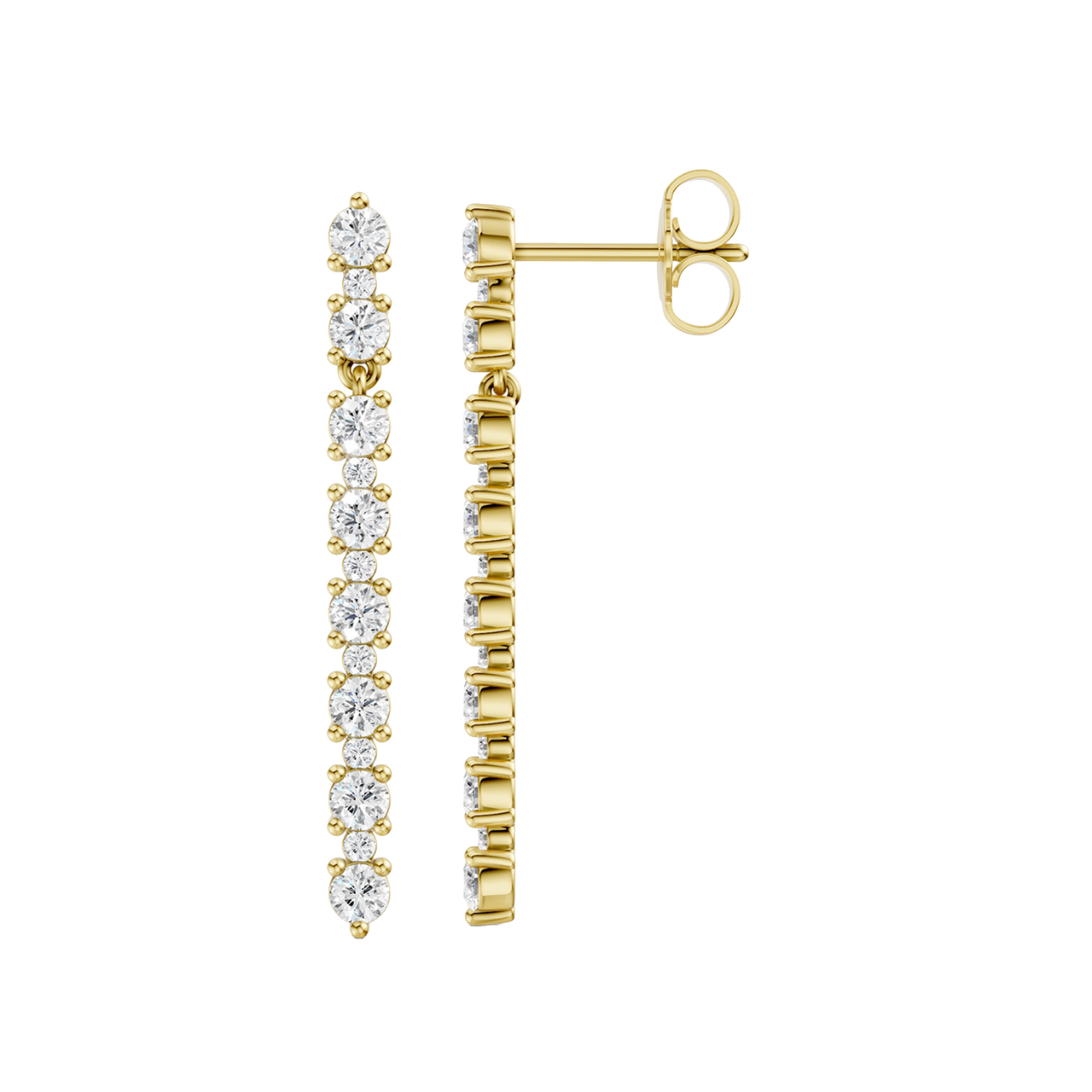 A front and side profile view of a 14K yellow gold vertical drop earring, showing the sleek design and a continuous line of diamonds.