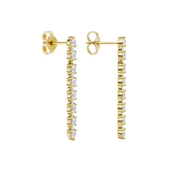 An angled view of a 14K yellow gold vertical drop earring, highlighting the linear design and sparkle.