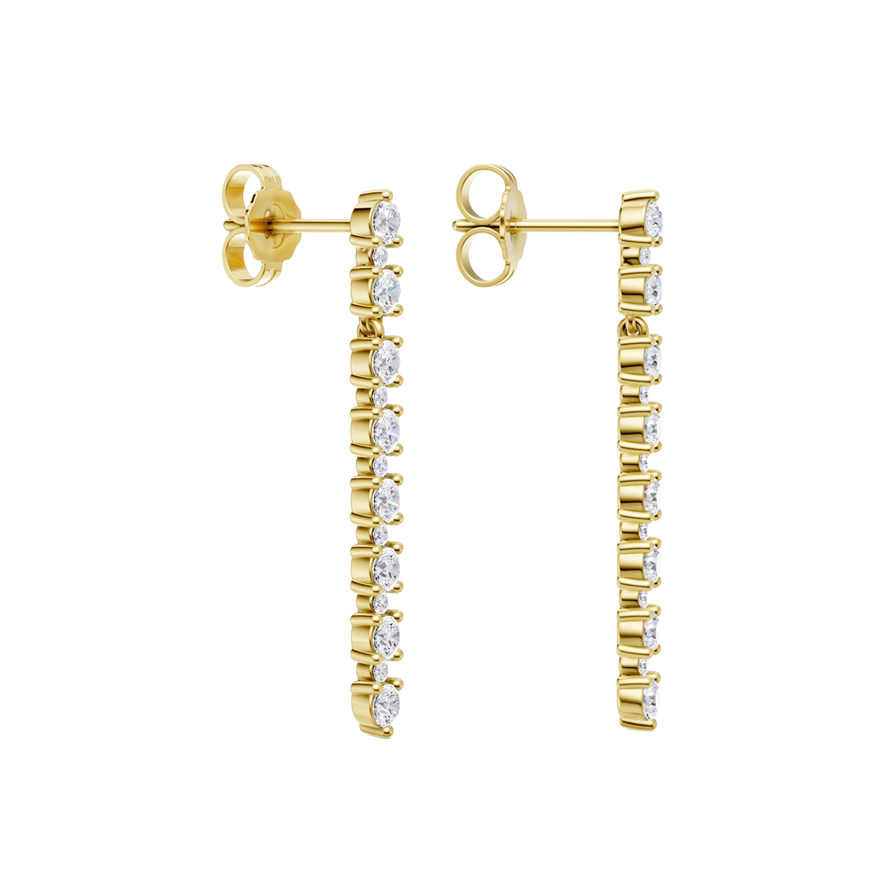 An angled view of a 14K yellow gold vertical drop earring, highlighting the linear design and sparkle.
