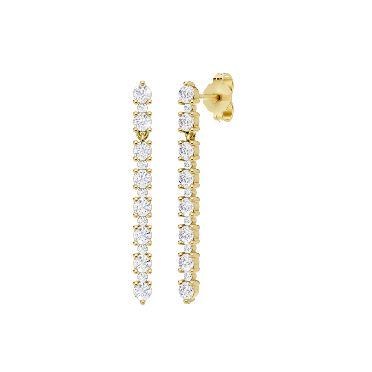A front and angled view of the 14K yellow gold drop earring. Highlights the continuous, brilliant line of diamonds.