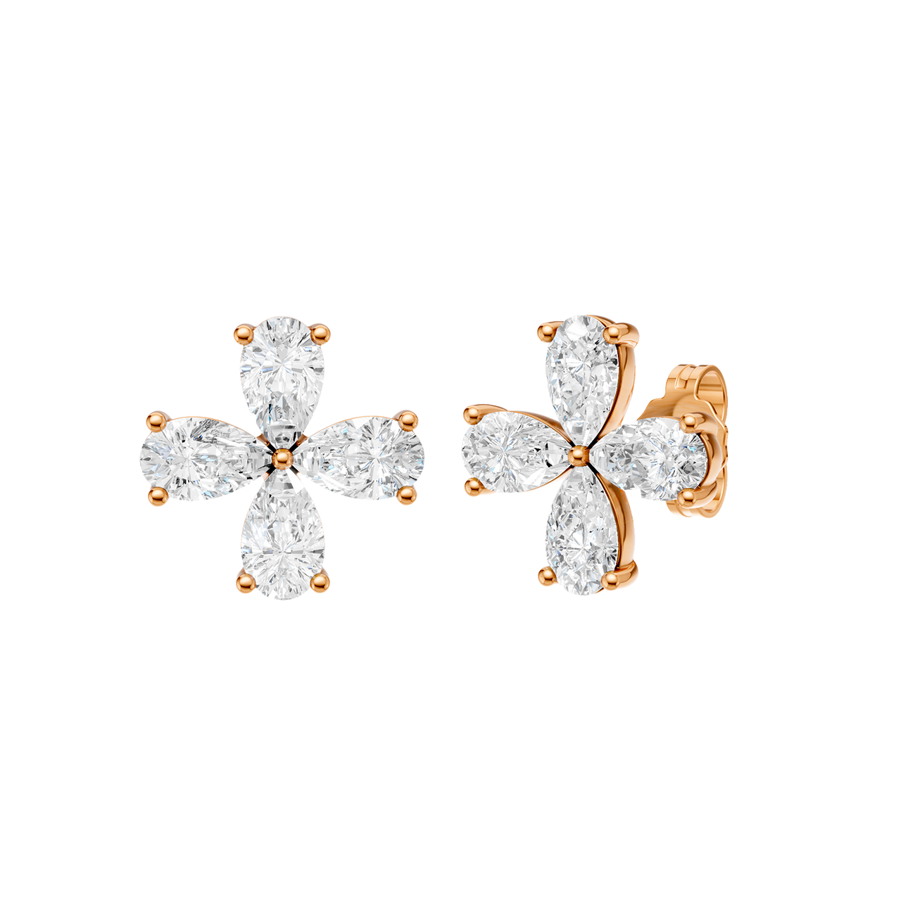 A front-facing product shot of a pair of rose gold or platinum flower stud earrings.
