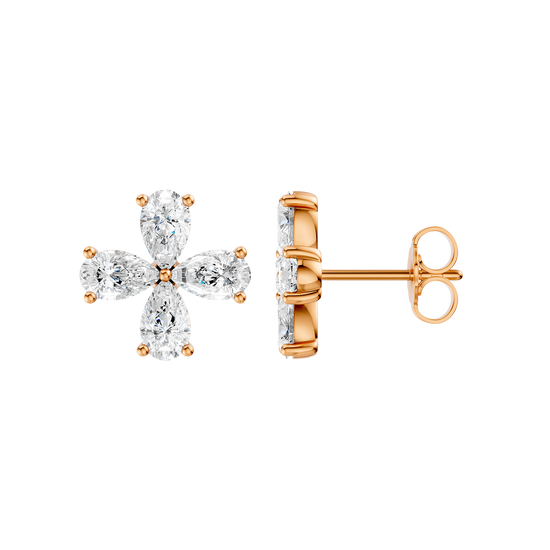 Front and side view of a rose gold flower stud earring featuring four pear-cut diamonds.