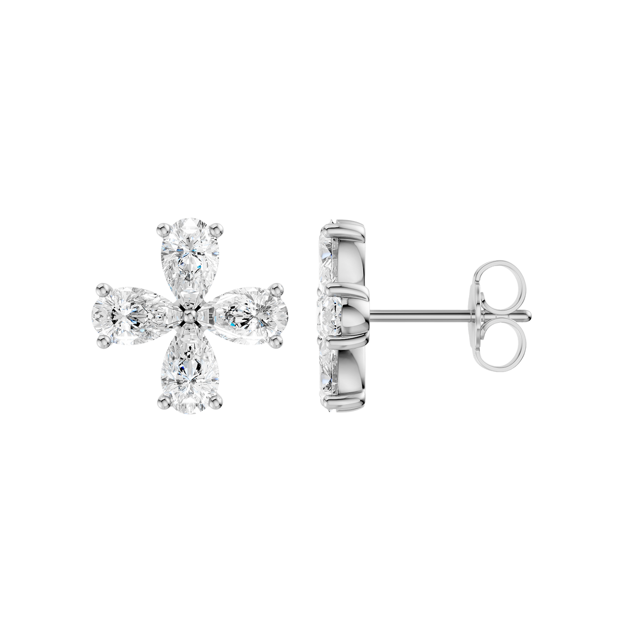 Front and side view of a white gold flower stud earring featuring four pear-cut diamonds.