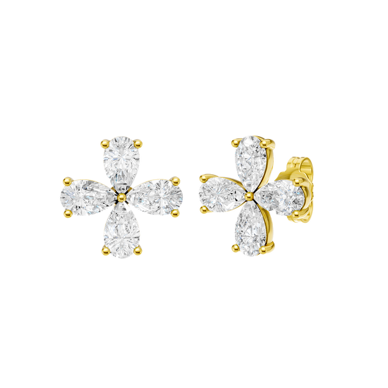 A front-facing product shot of a pair of yellow gold or platinum flower stud earrings.