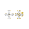 A front-facing product shot of a pair of yellow gold or platinum flower stud earrings.